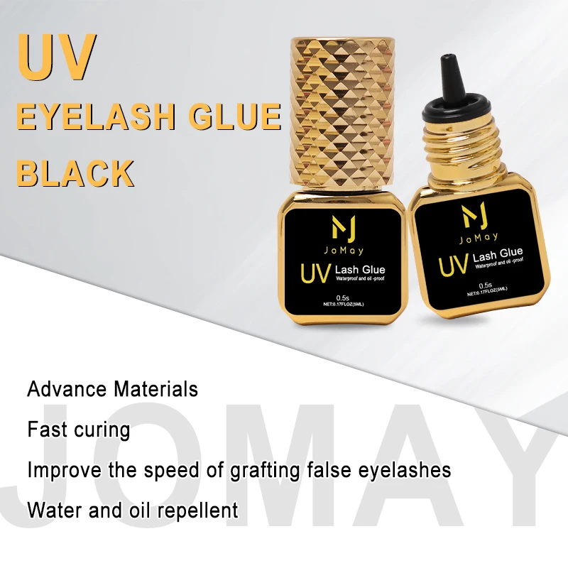JOMAY 3 Flaschen 5 ml UV-Kleber Schwarzer Wimpernkleber für Wimpernverlängerungen Geringe Reizung 0,5 Sekunden schnell trocknender Kleber UV-Make-up-Produkte