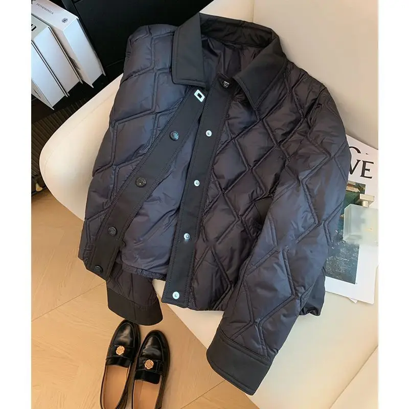 Women's 2026 Autumn Winter Black Argyle Polo Collar Quilted Puffer Jacket Cropped Lightweight Warm Elegant Chic Coquette Trendy