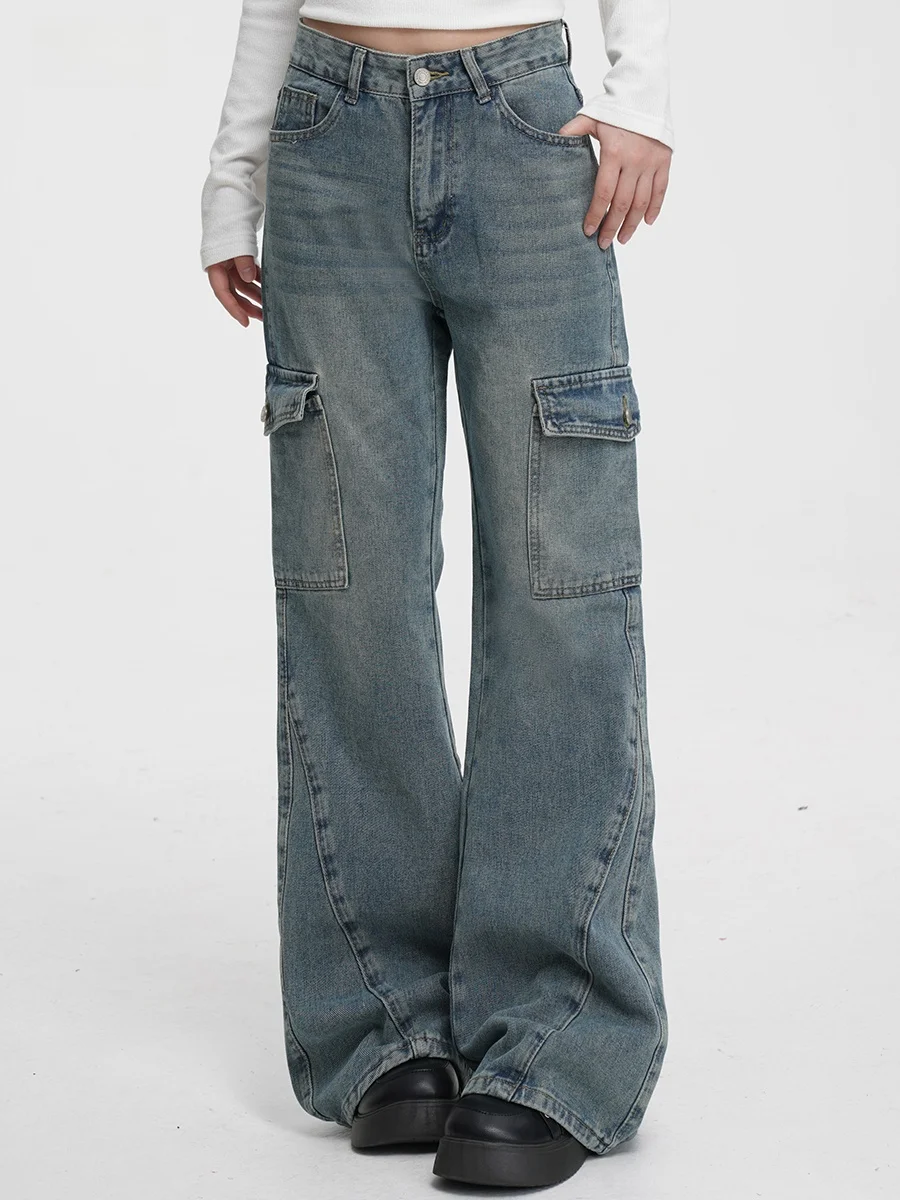 

Vee2 Голубые прямые джинсы с завышенной талией, женская американская рабочая одежда, хлопковая уличная мода с высокой талией, весна-осень