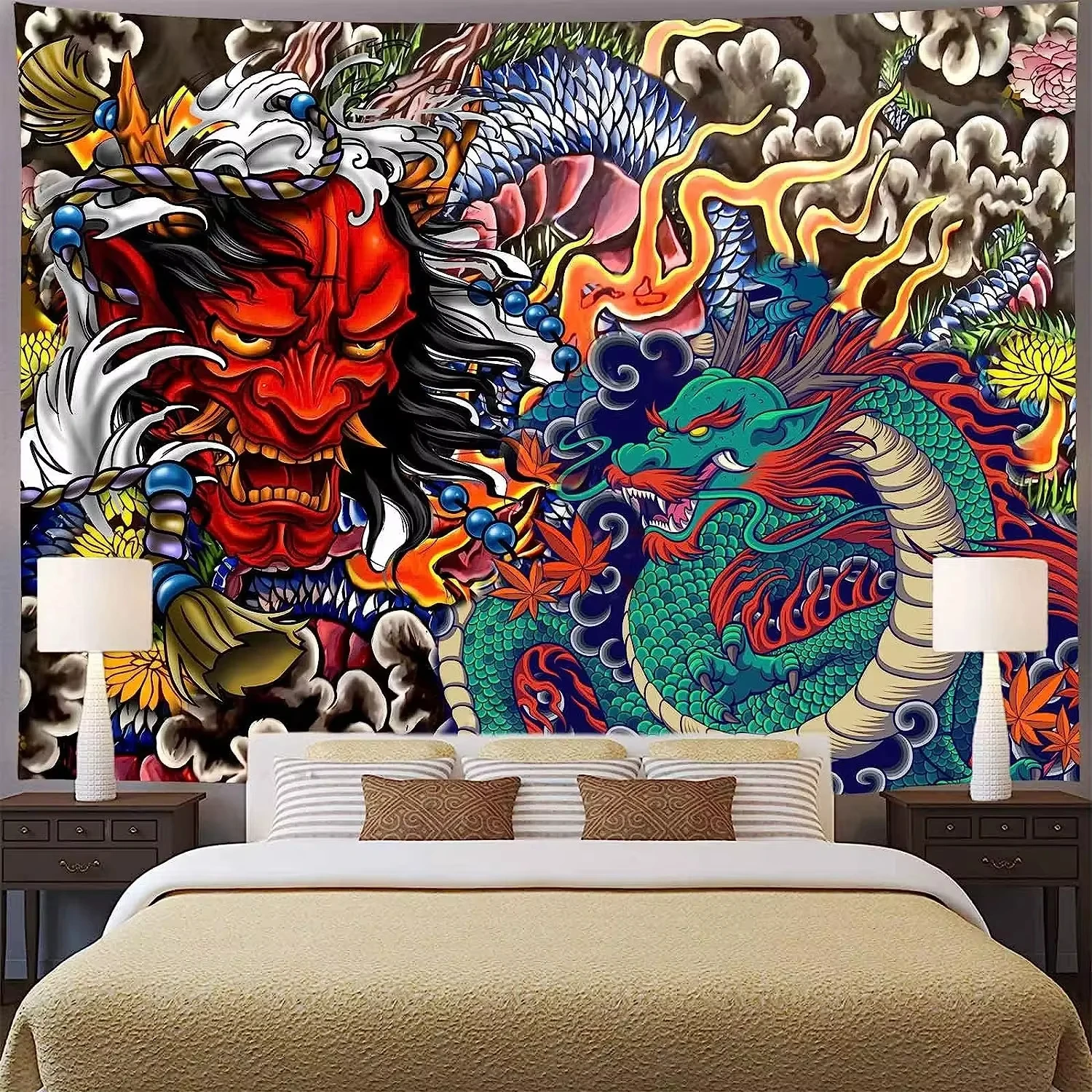 Aesthetic Japanese Dragon & Oni Mask Tapestry Wall Hanging Flannel Fabric Anime Art for Men Bedroom Living Room Decor