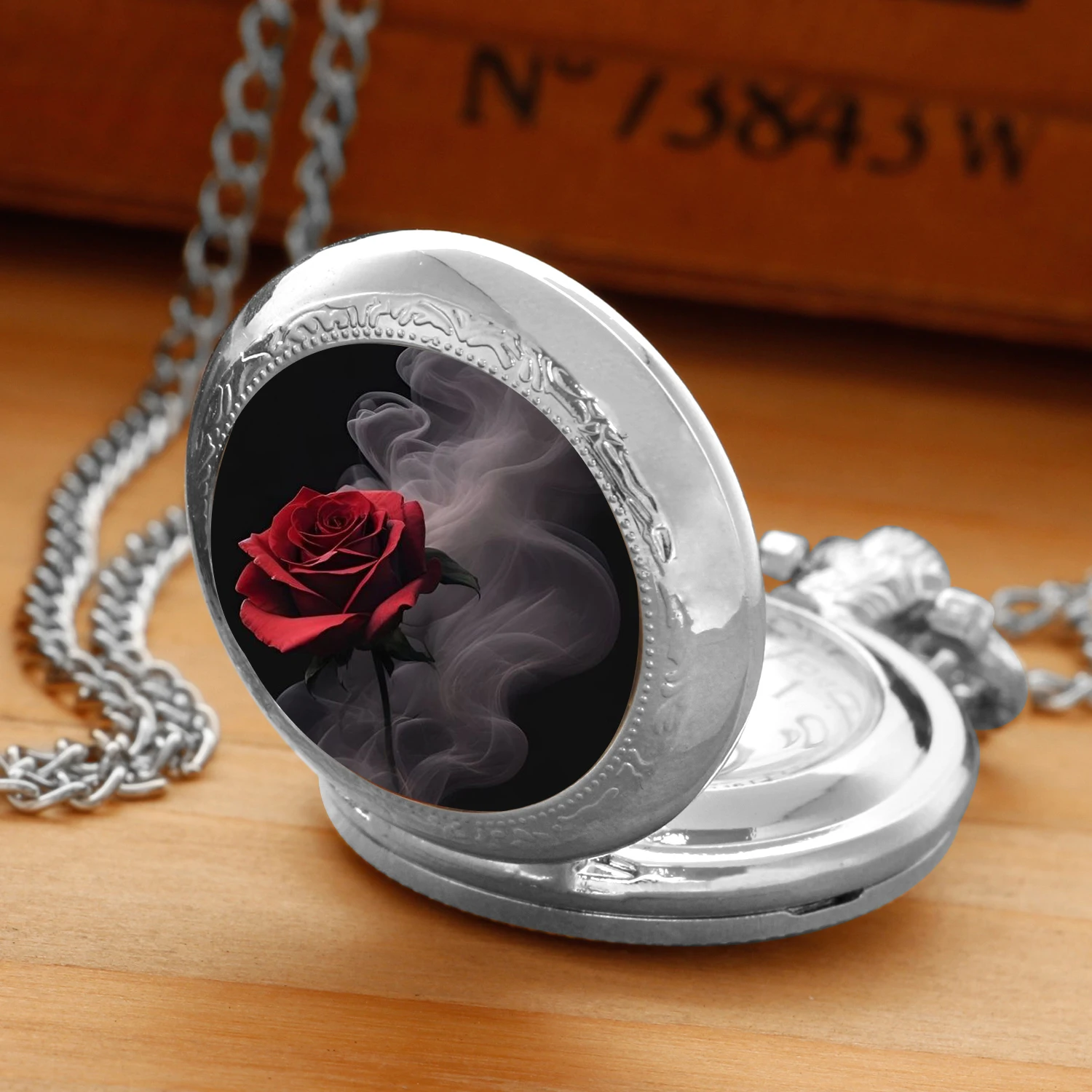 Dreamy Rose! Smoky Red Rose Glass Patch Quartz Pocket Watch