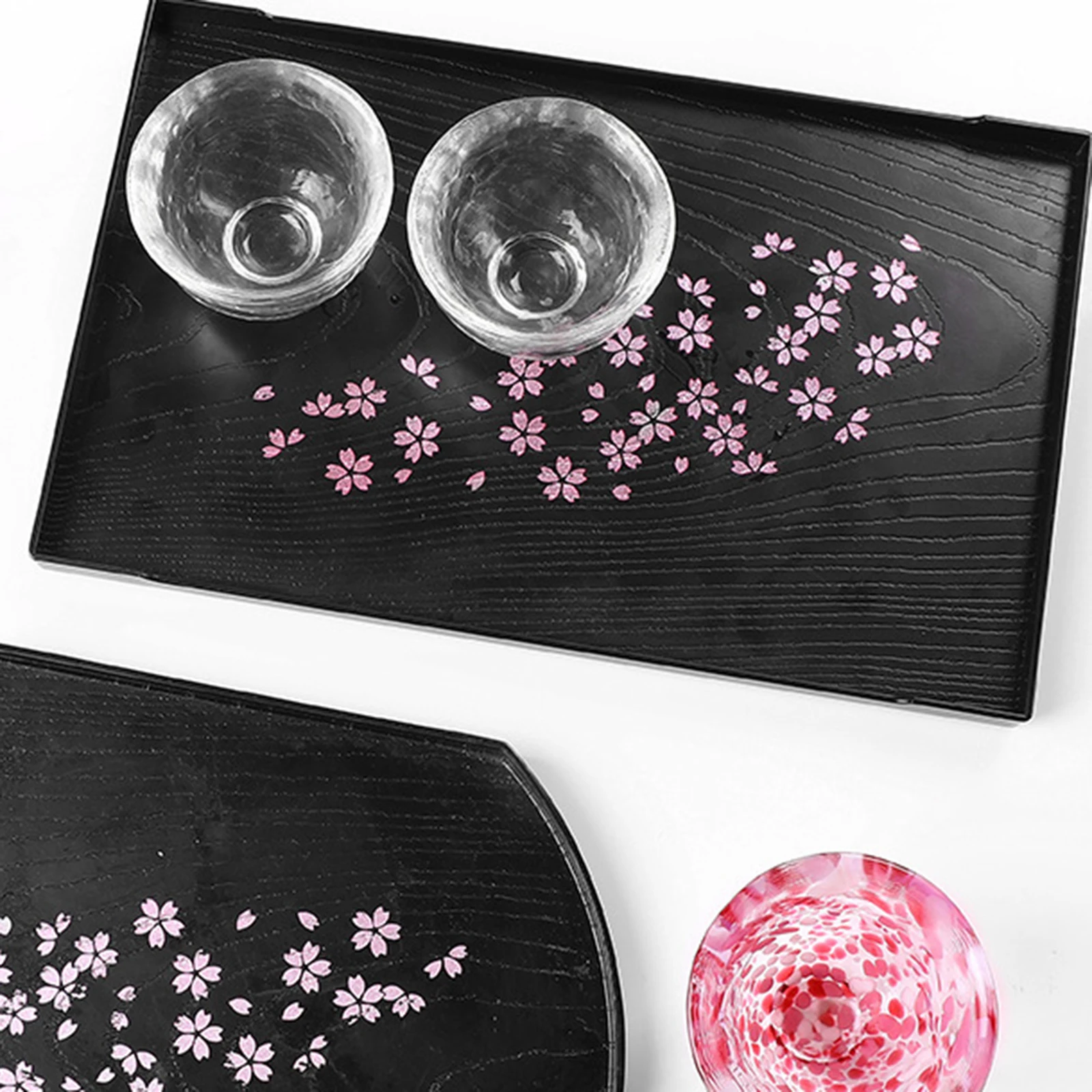 Japanese Cherry Blossom Pattern Tray Rectangular Round Plastic Imitation Wood Grain Tea Tray Tea Cup Tray Fruit Tray Decorative