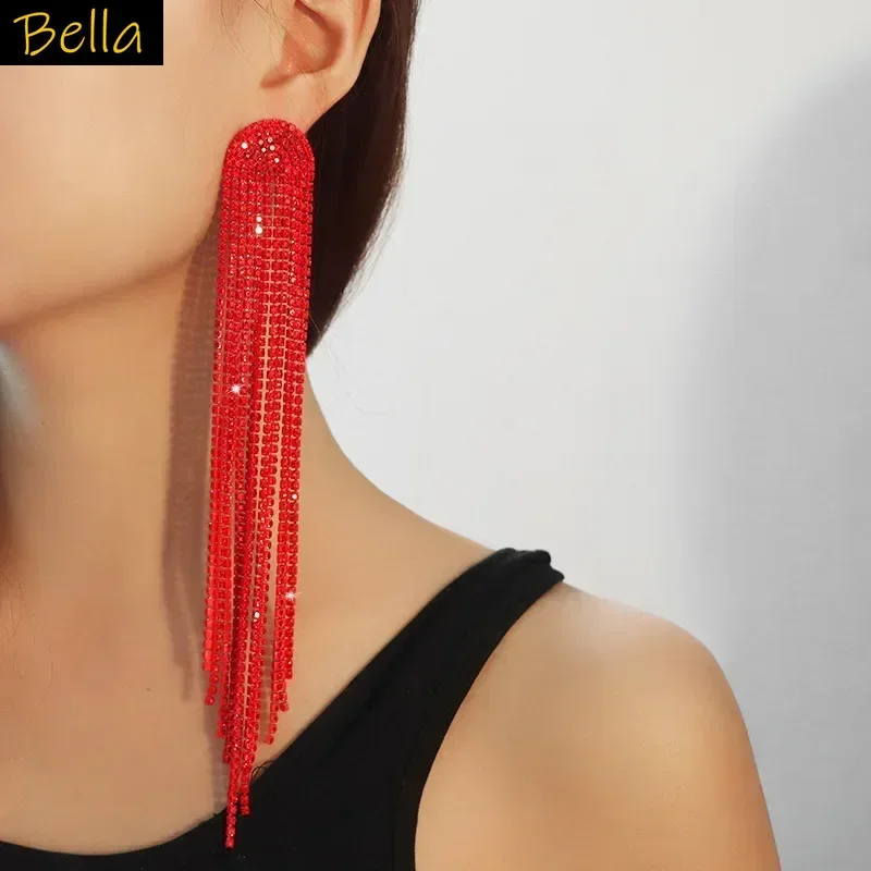 

Extra Long Tassel Earrings Red Blue Green Crystal Chain Dangle Earrings Dinner Party Jewelry Gift