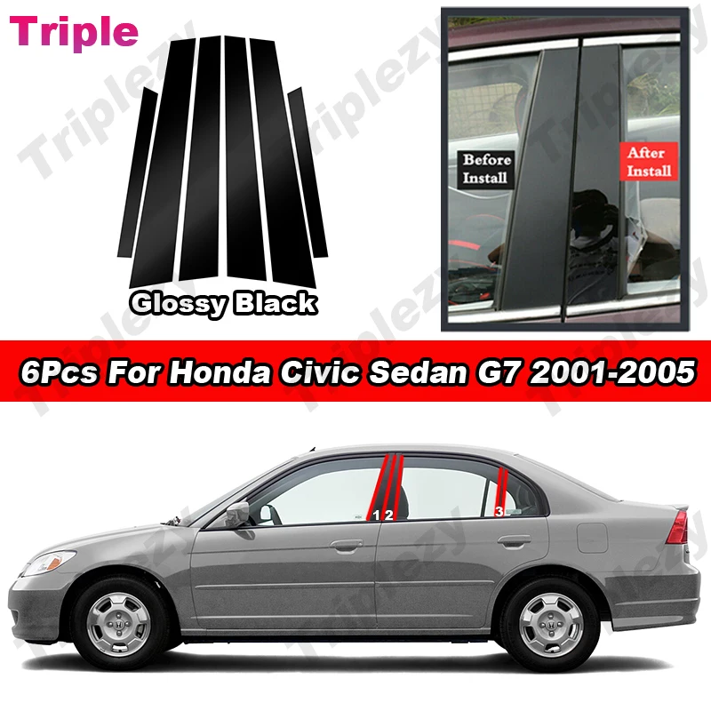 6Pcs Glossy Black Exterior Car Door BC Pillar Posts Trim Cover Window Carbon Fiber Sticker For Honda Civic Sedan G7 2001-2005