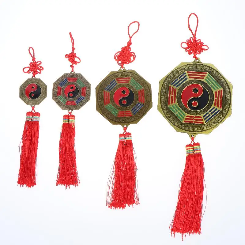 Chinese Feng Shui Bagua Mirror Yin Yang Pattern Handmade Red Tassel Zodiac Carvings for Home Positive Energy Attracting