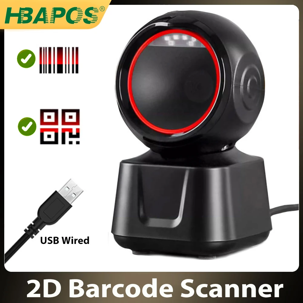 1D QR 2D Barcode Scanner, USB Wired Automatic Desktop Bar Code Scanner with Adjustable Scanning Head, Plug & Play