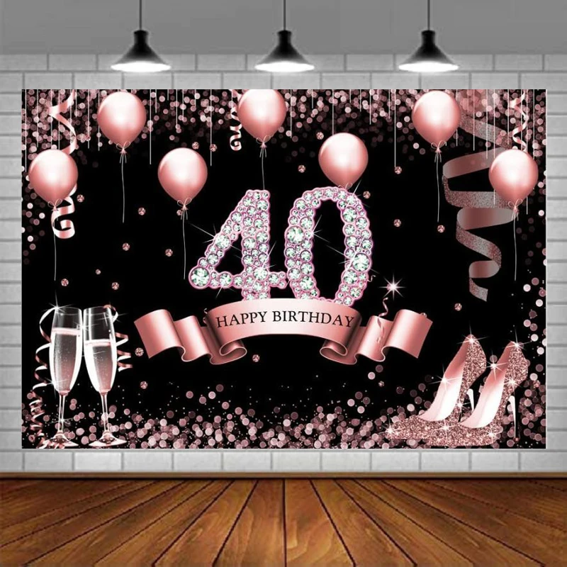 Rose Gold Glitter 40Th Birthday Photography Backdrop Women Four Bday Background Pink Dots High Heels Banner Decoration Poster