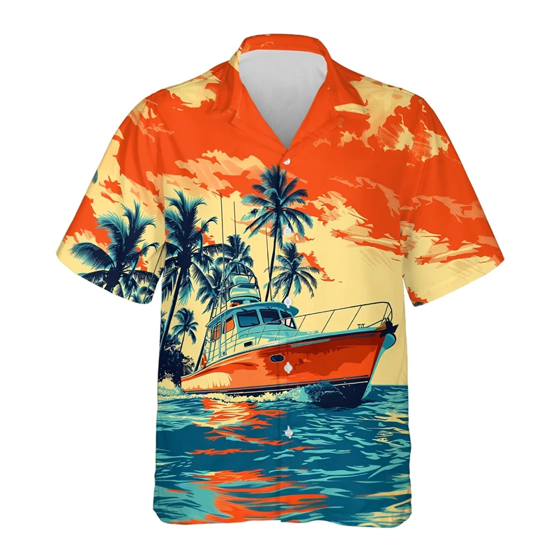 

Cruise Ship Vacation Coconut Tree Graphic Beach Shirts Casual Party Shirt For Men Hawaii Sunset Boat Natural Scenery Lapel Tops