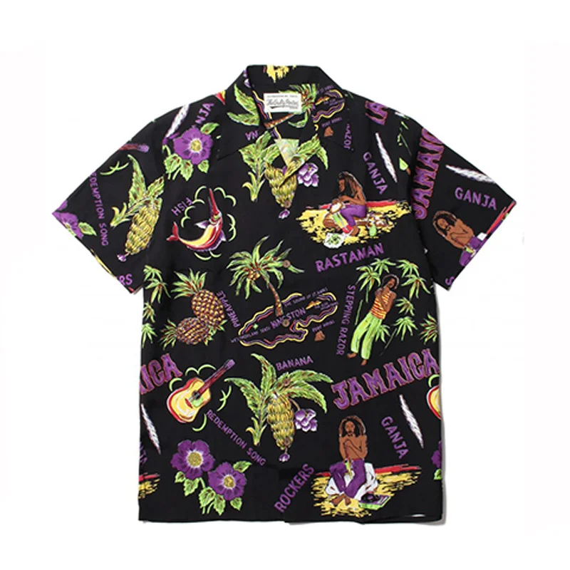 Fashion Coconut Tree People Pattern WACKO MARIA Short Sleeve Shirt Best Quality Summer Holiday Mens Womens Hawaii Shirt Tops