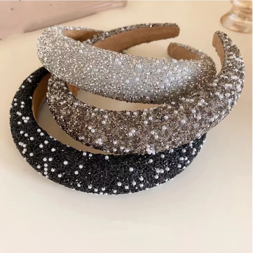 Glitzerndes Strass-Perlen-Haarband Vintage Dickes Schwamm-Stirnband Modisches Rutschfestes Haarband für Frauen Mädchen Abendkleid-Dekoration – Detail 6