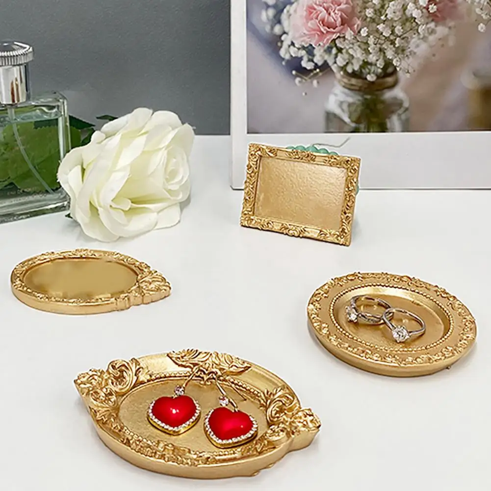 Jewelry Storage Box Resin Jewelry Tray with Vintage European Embossed Pattern Golden Gloss Desktop Organizer Wear-resistant