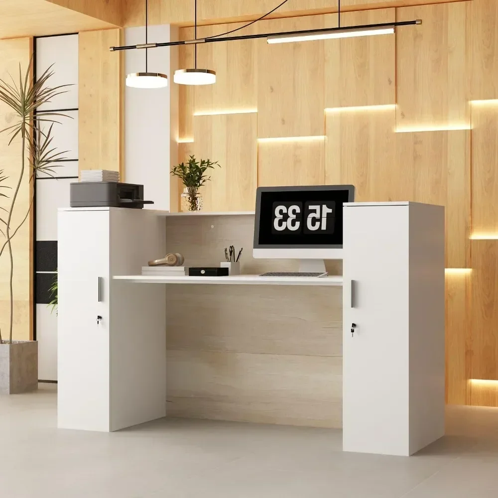 Reception Desk Front Counter Desk with Lockers and Adjustable Shelves, Front Desk Reception Counter for Salon Oak and White