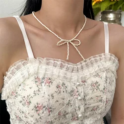 Vintage Millet Beads Ribbon Bow Chain Beaded Necklace Women Girls