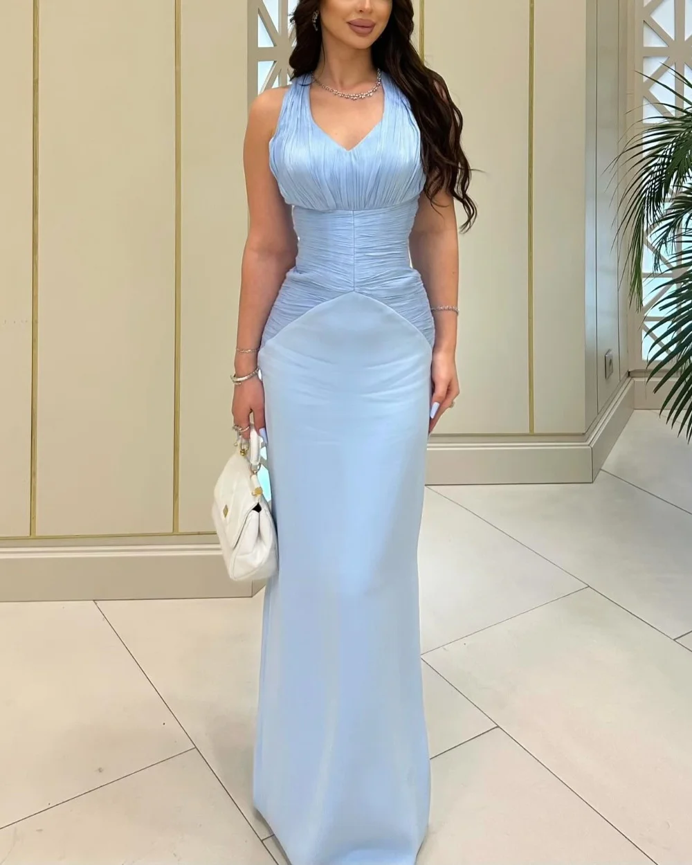 

Customized Matching Sexy Jersey Pleat Ruched Draped Straight V-neck Long Dresses Bespoke Occasion Dresses Modern Style Fashion