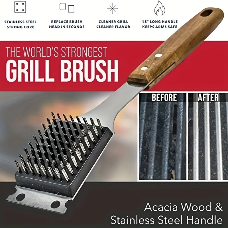 

1pc, Premium BBQ Grill Brush with Replaceable Stainless Steel Bristles and Large Wooden Handle - Safe for Any Grill, No Scratche