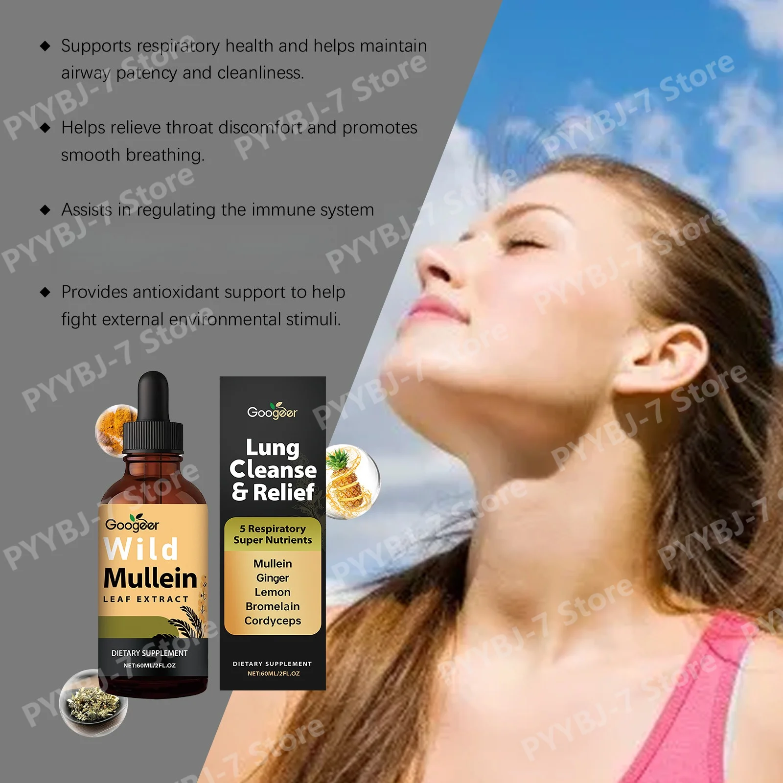 Mullein Leaf Liquid Drops with Ginger Lemon Bromelain Cordyceps, Plant Based Respiratory Wellness Supplement 60ml, Adult Use
