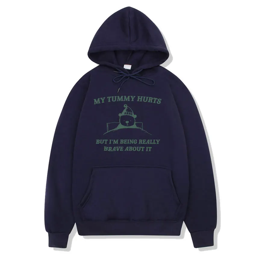 My Tummy Hurts But I\'m Being Really Brave about It Raccoon Meme Hoodie Funny Men Women Casual Fleece Pullover Oversized Hoodies