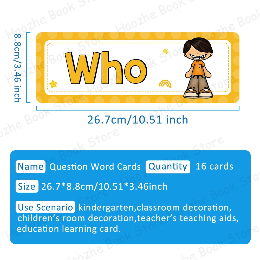 16Pcs Question Words Flash Cards for Kids Homeschool Classroom Decoration Educational English Flashcards