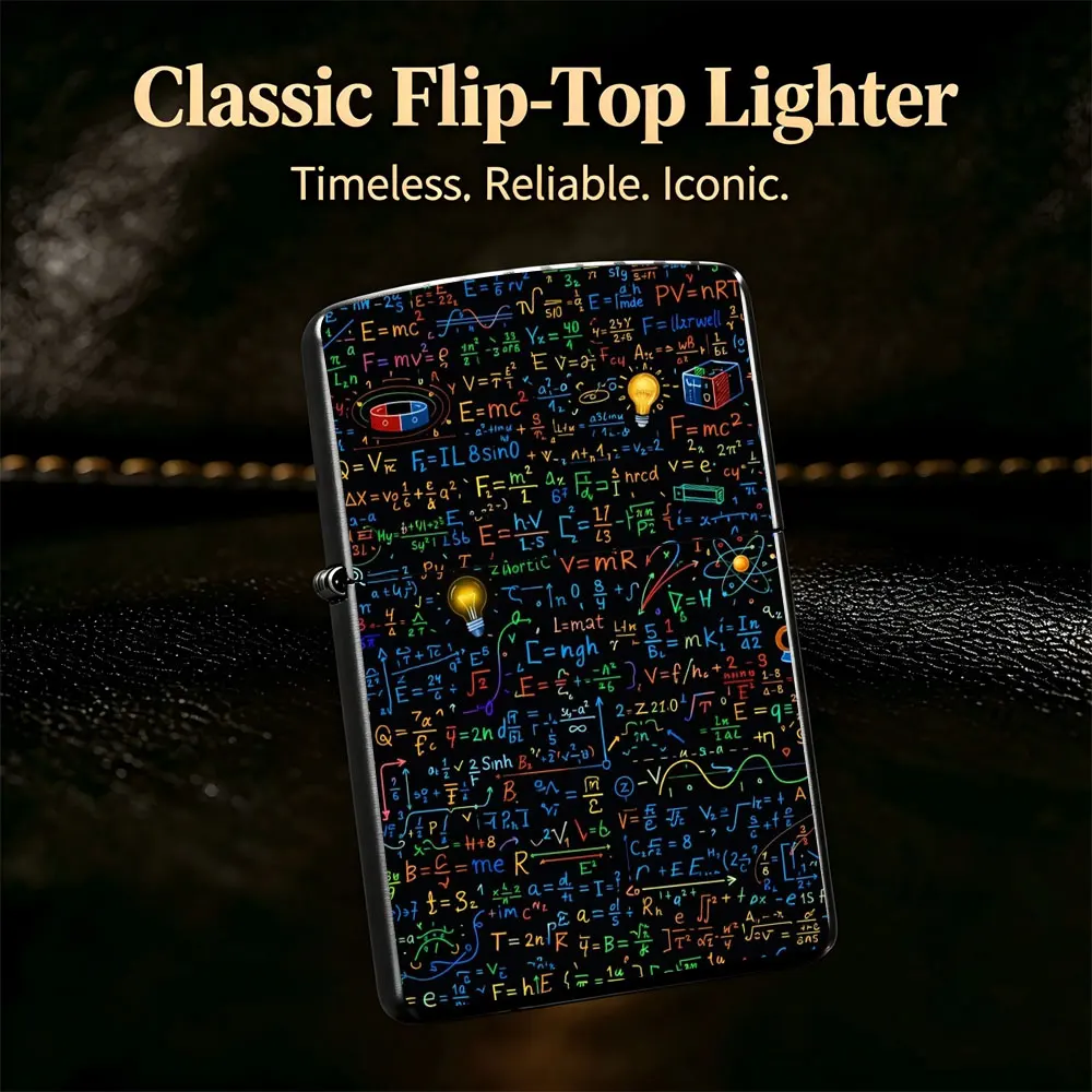 Pocket Lighter, Flip-Top Windproof Design, Metal Case with Engraved Math Pattern, Ergonomic Grip, Portable & Durable - Ideal for Daily Use