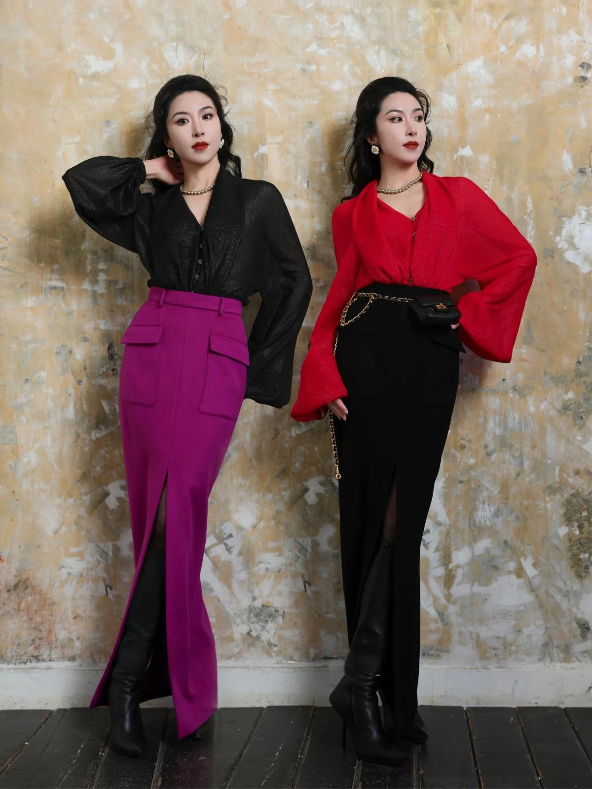 

Ele Retro Batwing Sve Waist-Cinched Two-Tone Silver Tead Classical Long Sve irt by Xuan ng Ji Commute Sle L...