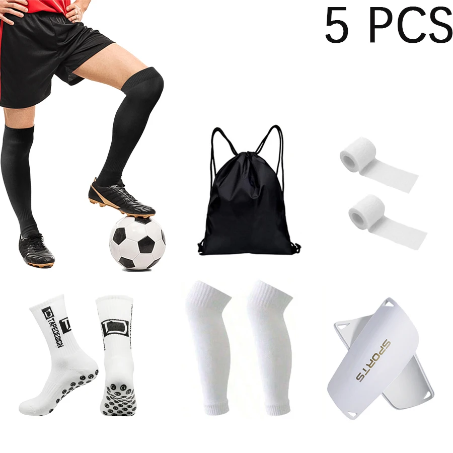 5 Piece Set Non-slip Football Socks Fitness Socks Comfortable Durable Outdoor Sports Bandage Ball Bag Socks Shin Pads