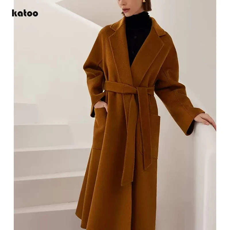 Elegant Women's Wool Trench Coats Bathrobe Style Long Loose Oversized Belted Premium Winter Double Sided Cashmere Coat Manteau