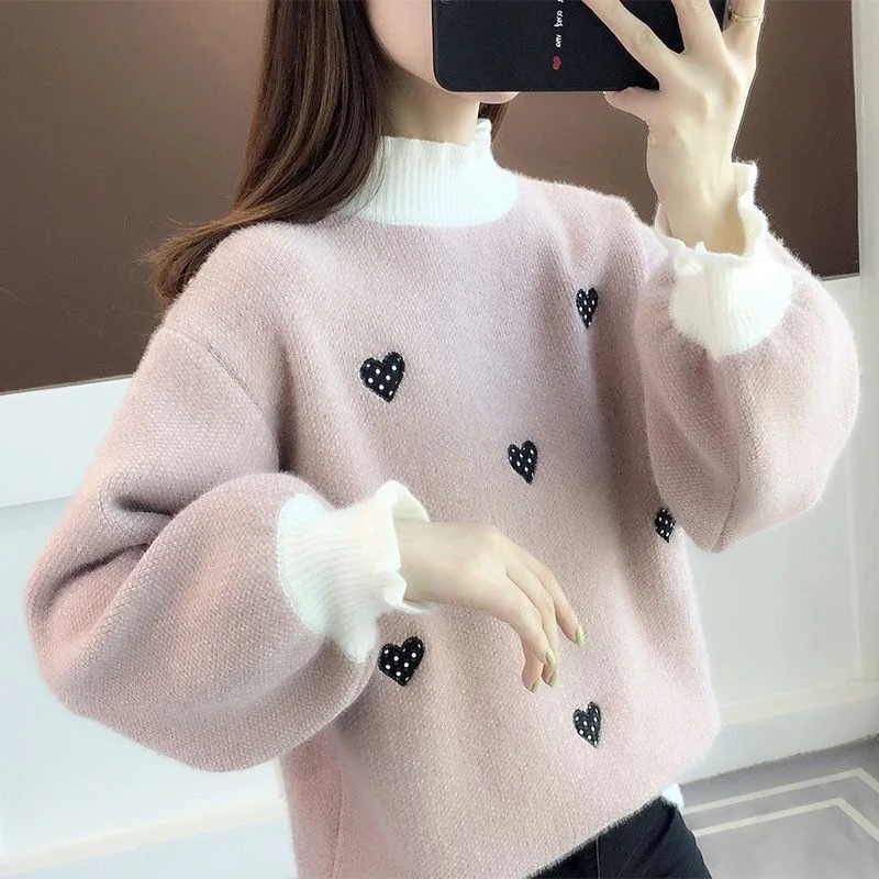Autumn Winter New Style Student Girls' Clothing Ice Silk Fabric Loose Thickened Half High Collar Women's Knitted Sweater