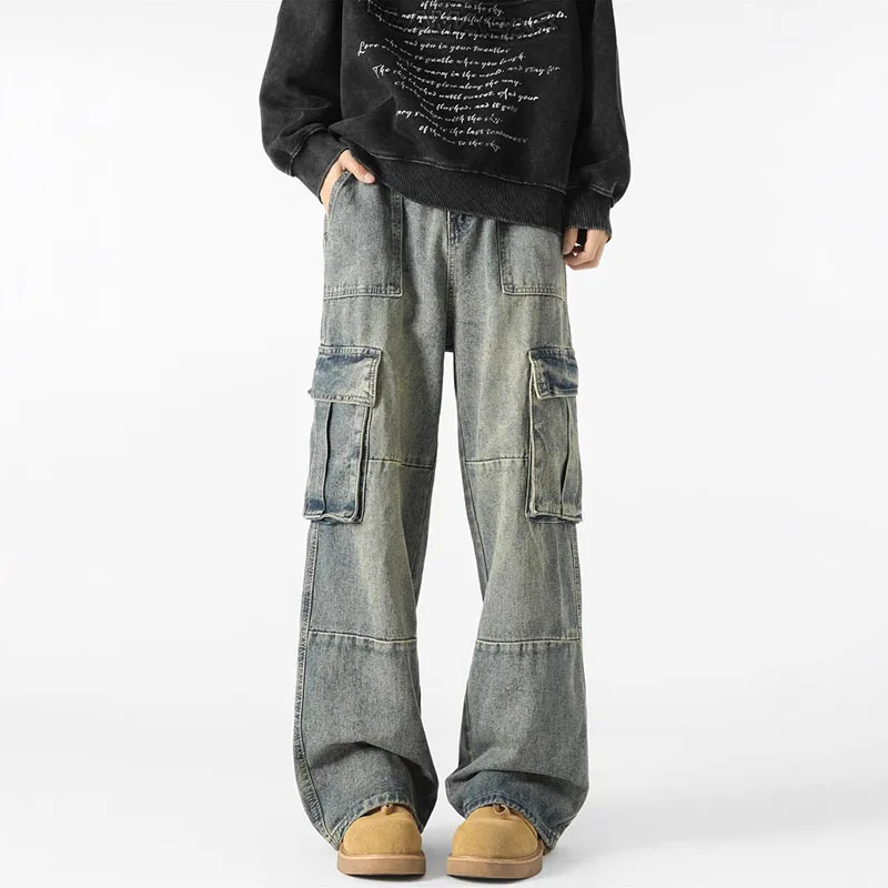 

New Korean Version Leisure Men'S Baggy Straight Cargo Jeans Vintage Blue Denim Pants Fashion Multi Pocket Design Trousers