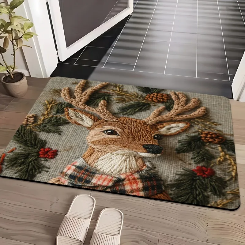 VIKAMA Embroidery Deer Head Pinecone Scarf Door Mat Dirt Resistant Non Slip Entryway Porch Farmhouse Cozy Holiday Home Decor