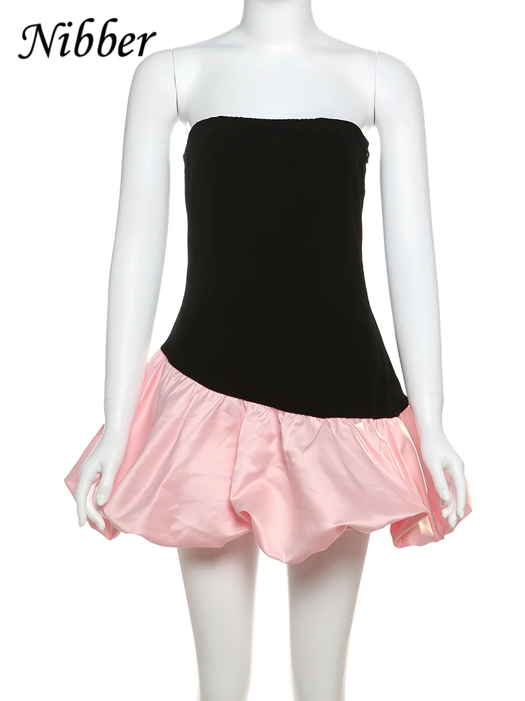 Nibber verão inchado vestido feminino y2k elegante irregular veludo retalhos sem alças meia-noite festa de aniversário doce banquete bodycon