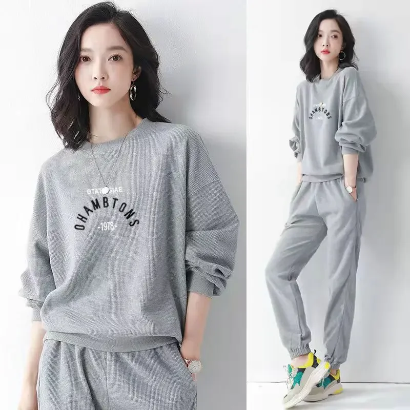 

Cotton Waffle Sports Suit Women's Spring/Autumn New Fashion Round Neck Long Sleeve Hoodies Women's Sweater Japanese Fashion