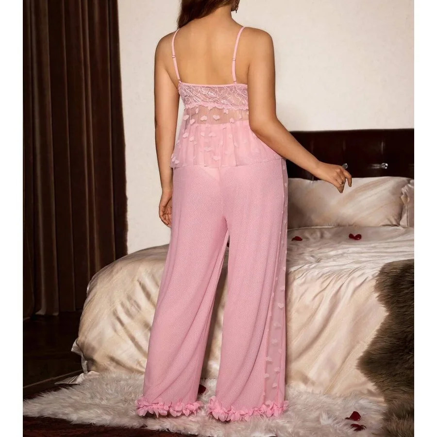 Pink Heart Print Mesh Long Sleeve Robe Camisole And Long Pants Three Piece Sleepwear Set Elegant Loungewear For Women 2