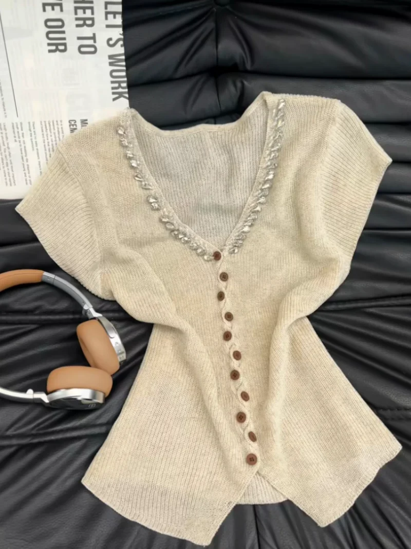 

Heavy Embellished V-Neck Short Sleeve Knitted Sweater Women's Summer Irregular Special Edition Self-Preserving Style Korean Fit