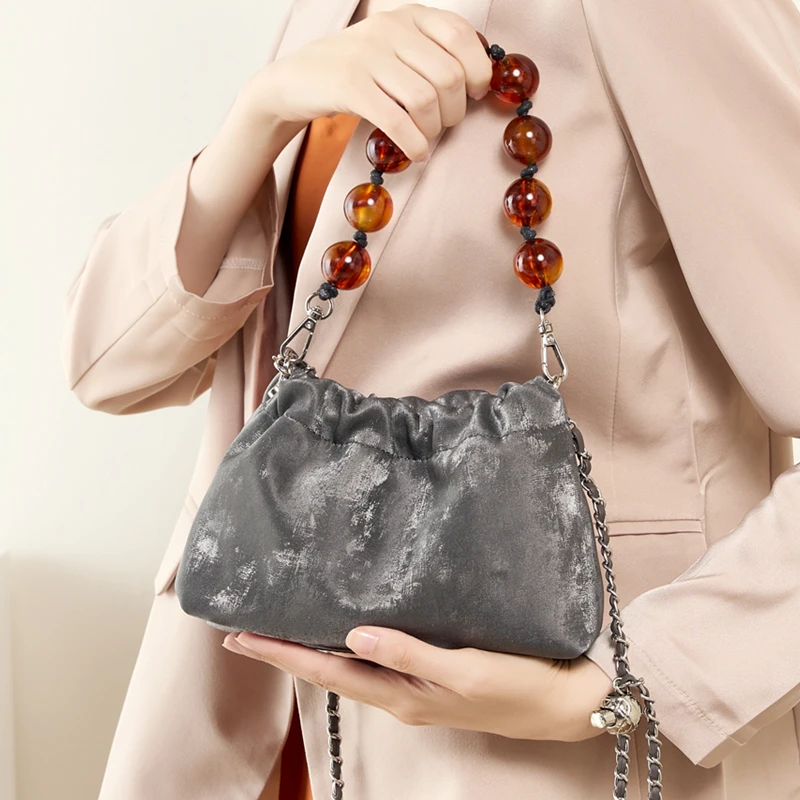 

Burminsa Genuine Leather Pleated Bucket Small Shoulder Crossbody Bags For Women 2024 Trend Designer Beaded Chain Ladies Handbags