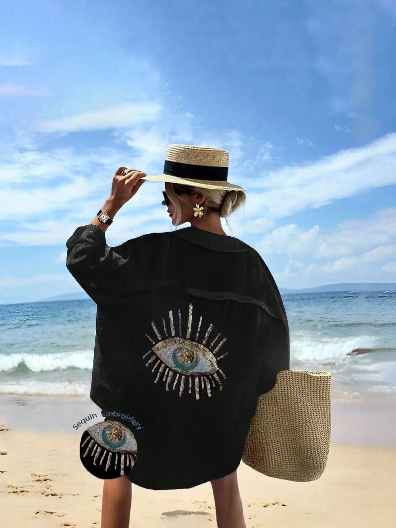 Strandjurk voor dames met oogborduurwerk met pailletten, losse pasvorm met lange mouwen voor de zomer