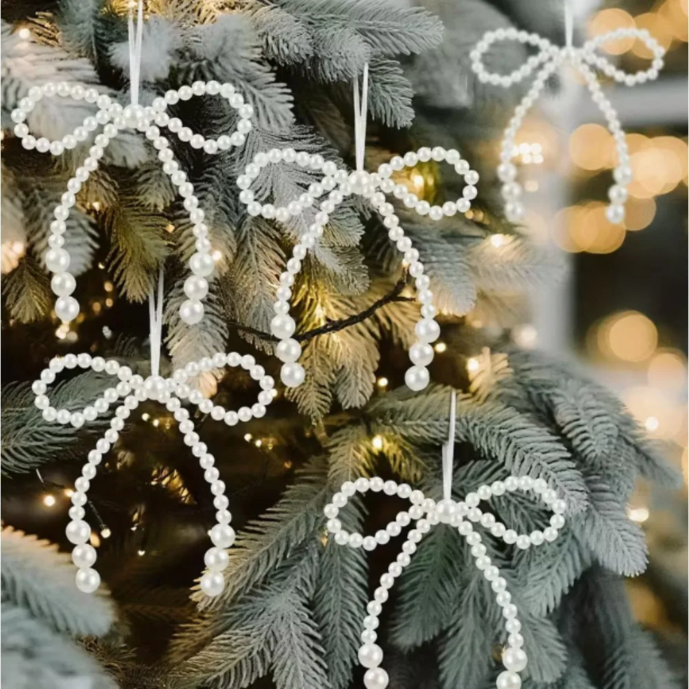 

10PC Elegant Bow for Christmas Tree Pendant Decor Twist Tie Bows Xmas Wreaths Pearl Bow Tie Gift Navidad Natal New Year Gift2026