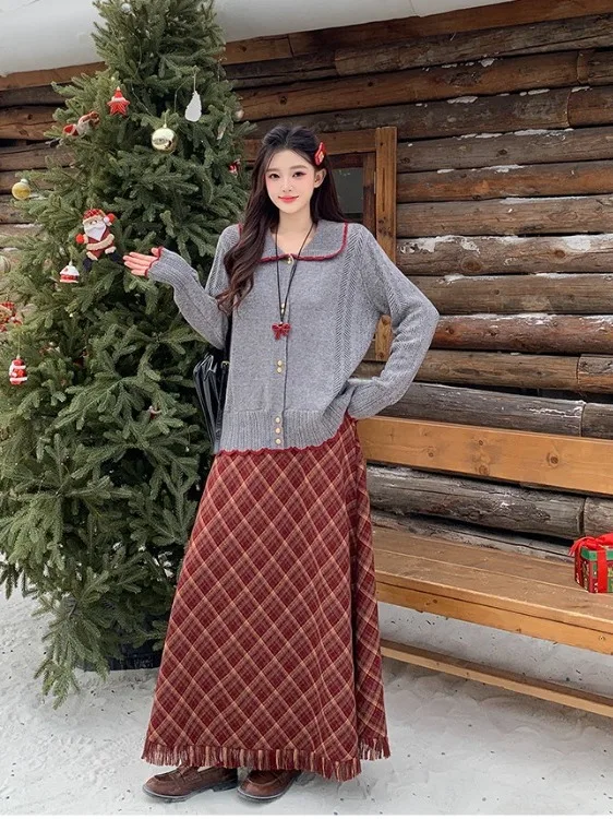 

Комплект из двух предметов: вязаный свитер в стиле Cisas и клетчатая юбка с высокой талией, зимний модный женский ансамбль больших размеров