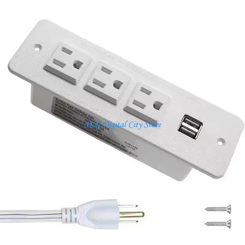 U75B Embedded Power Outlet For Office Desk 3 AC125V Outlets 2 USB A Port UL Listed Hiddened Recessed Socket With 2 Meter Cord