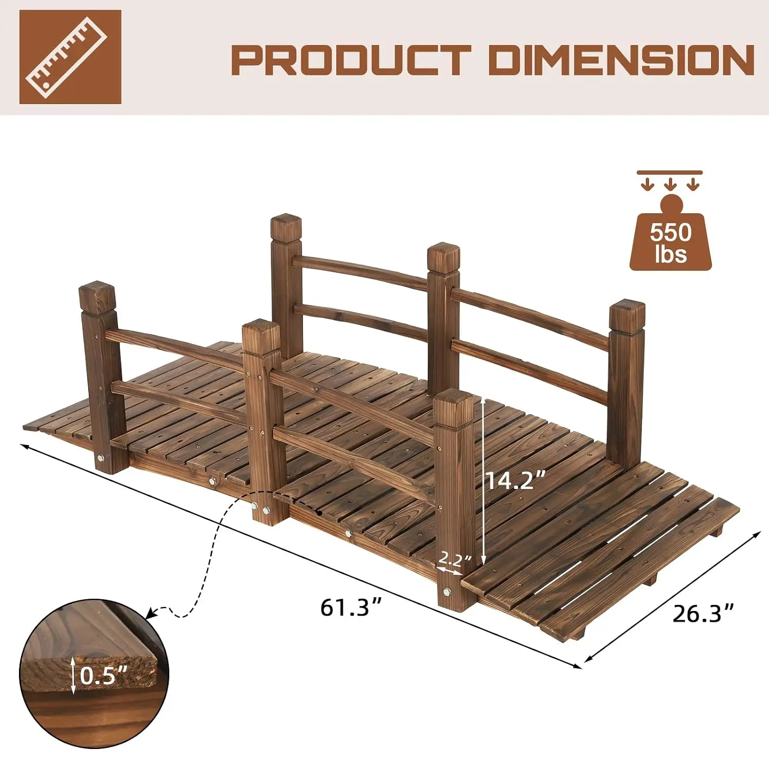 Fir Wood Garden Bridge, Outdoor Stained Finish Arc Footbridge Walkway with Double Safety Railings, Decorative Pond, Customized