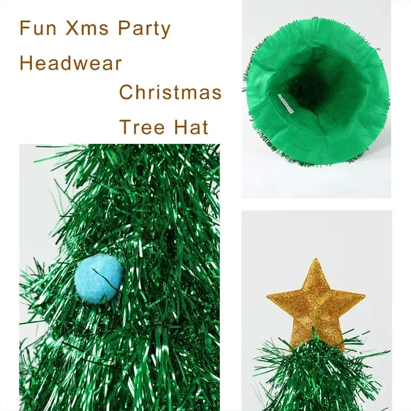 Christmas Tree Hats Fabric Rain Silk Hat for Adults Kids Funny Santa Hat with Tinsel Xmas Holiday Party Costume New Year Decor