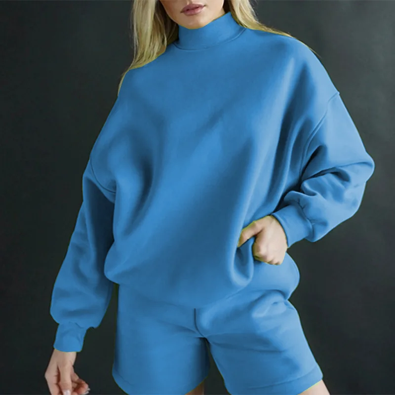 Damen 2024, neues lässiges, einfarbiges, langärmliges Oberteil, bequeme Shorts, Frühherbst-Set im Lazy-Stil