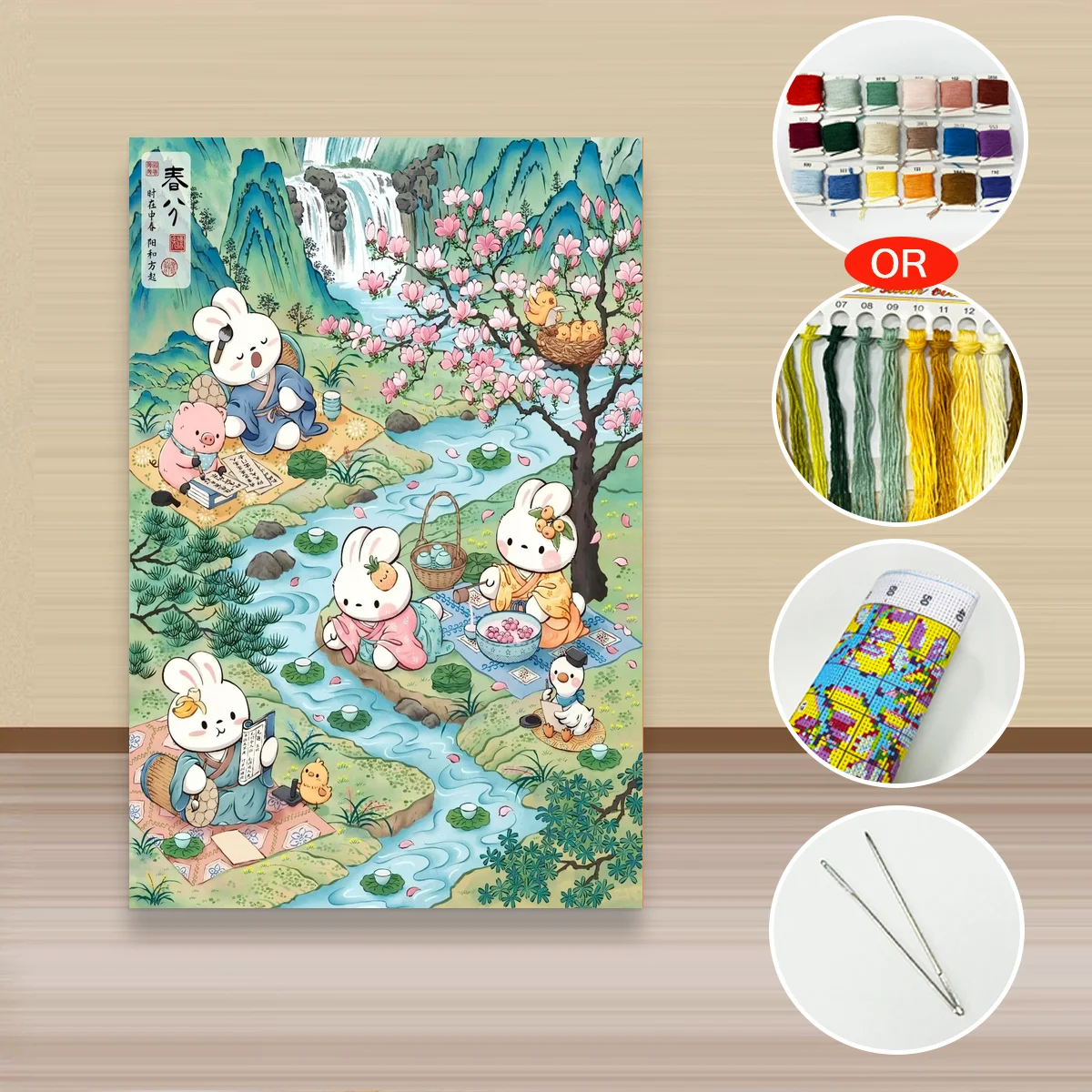 1 Stück 40x60cm/15,7x23,6 Zoll, 11Ct/14Ct Kreuzstich-Set, DIY Valentinstagsgeschenk, Stickerei-Set für Festlichkeiten, Kirschblüten-Häschen Lan – Detail 4