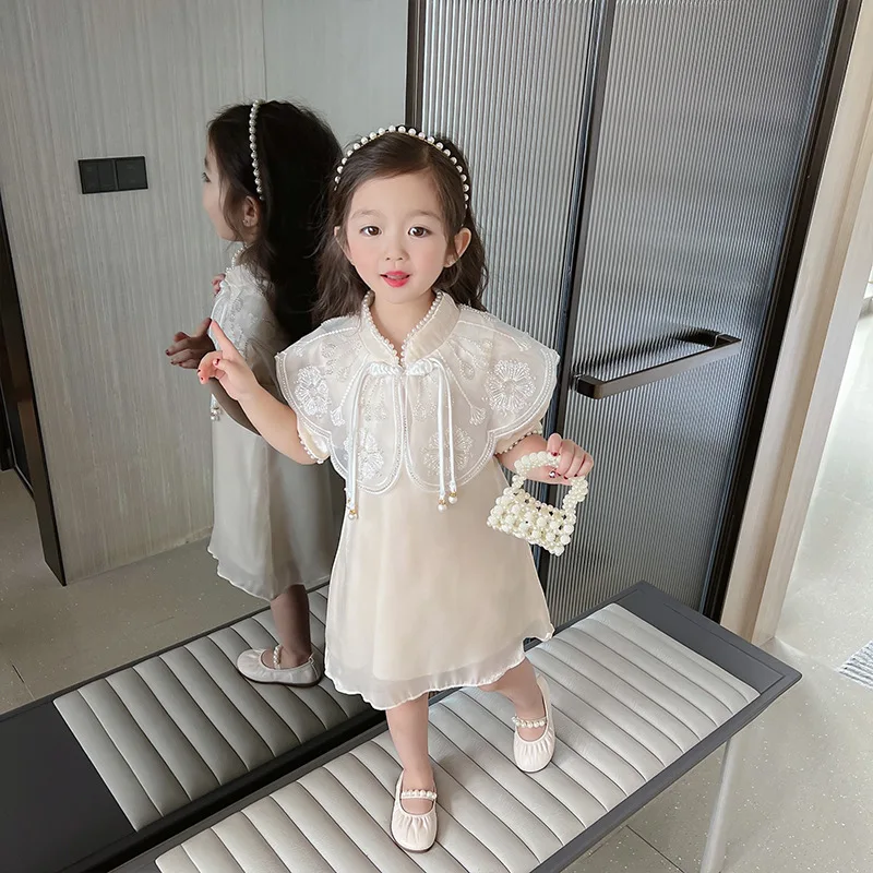 Girls' Summer New 'S Clothing Chinese Style Short Sleeve Skirt Children'S Baby Retro Solid Color Dress Fashion