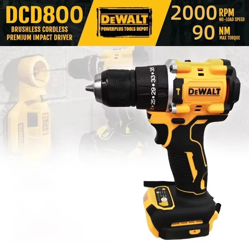 Dewalt DCD800 taladro de impacto inalámbrico de 1/2 pulgadas, destornillador eléctrico sin escobillas de 2000RPM, herramienta eléctrica de litio para batería Dewalt de 20V