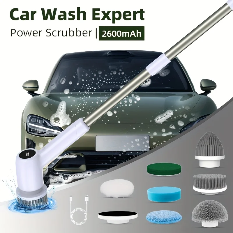 

7pcs Carpet Cleaner Cordless Electric Spin Scrubber Set With Adjustable Extension Handle, Dual Speed, 2600mAh USB Rechargeable B