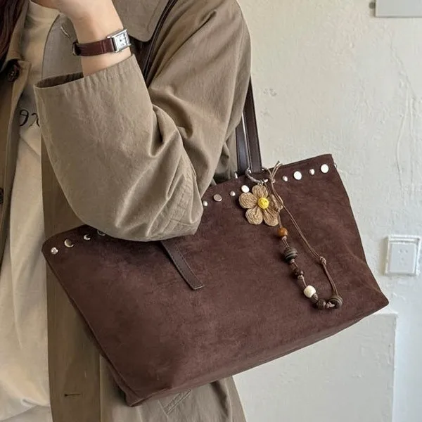 Faux Suede Women Big Totes Luxury Design Rivet Female Handbags Large Capacity Commuting Office Shoulder Bags Shopping, Weekend