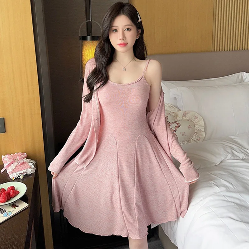 Autumn Winter Nightdress Sexy Sling Sleep Dress Modal Cotton Nighties Skinny Women Nightgown Lounge Wear Ladies Night Shirt