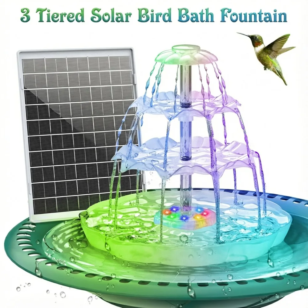 

Трехуровневый солнечный фонтан с солнечным насосом 5,5 Вт, съемными и разноцветными светодиодными светильниками, для купания колибри, садовой кормушки для птиц своими руками