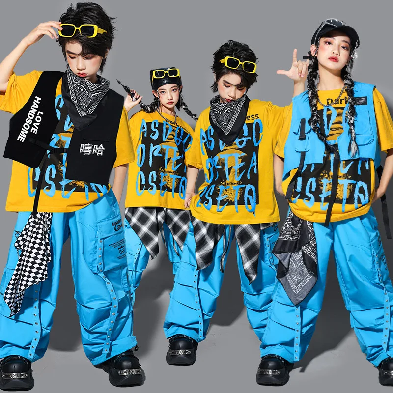 Boys Hip Hop Set Short-sleeve T-shirt Vest Cargo Pants Girls Jazz Street Dance Costume Children Clothes Kids K-pop Streetwear
