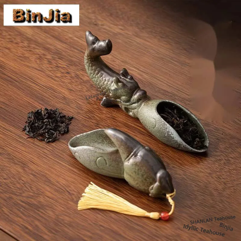 

Antique Kiln Change Cyan Tea Scoop Creative Fish Dargon Chahe Household Awakening Tea Ladle Chinese Tea Teaset Decoration Gifts